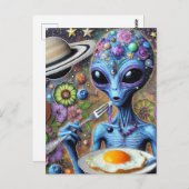 Funky Blue Alien Eating Fried Eggs Postkarte (Vorne/Hinten)