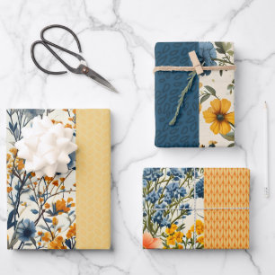 Funky Blue and Yellow Vintag Floral Halb Mix Geschenkpapier Set