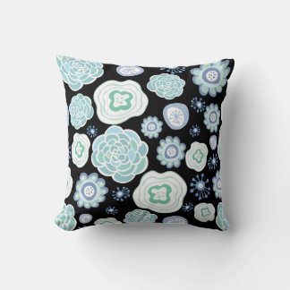 Funky Blue Floral Pattern Black Pillow Cushions Kissen