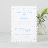 Funky Blue Handgeschriebener Champagne Tower Weddi Save The Date (Stehend Vorderseite)