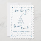Funky Blue Handgeschriebener Champagner Tower Wedd Save The Date (Vorderseite)