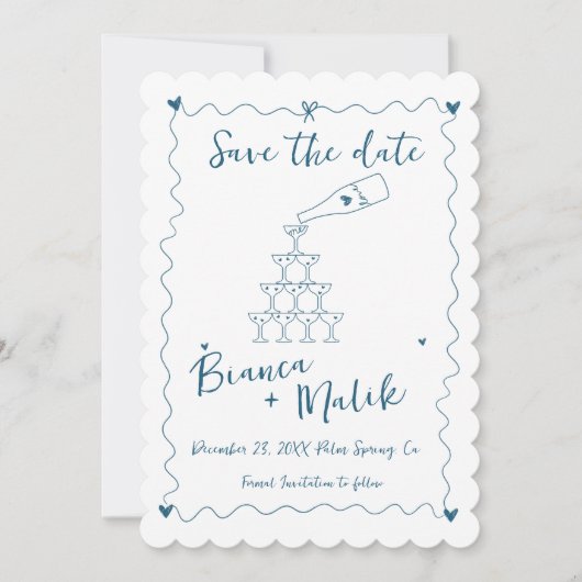 Funky Blue Handgeschriebener Champagner Tower Wedd Save The Date (Vorderseite)