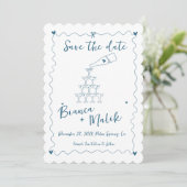 Funky Blue Handgeschriebener Champagner Tower Wedd Save The Date (Stehend Vorderseite)