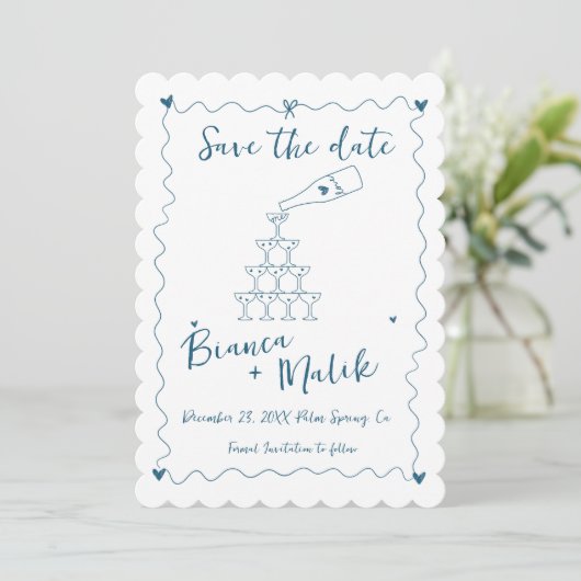 Funky Blue Handgeschriebener Champagner Tower Wedd Save The Date (Stehend Vorderseite)