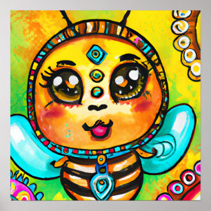 Funky Boho Bee Farm Animal Portrait Art Poster