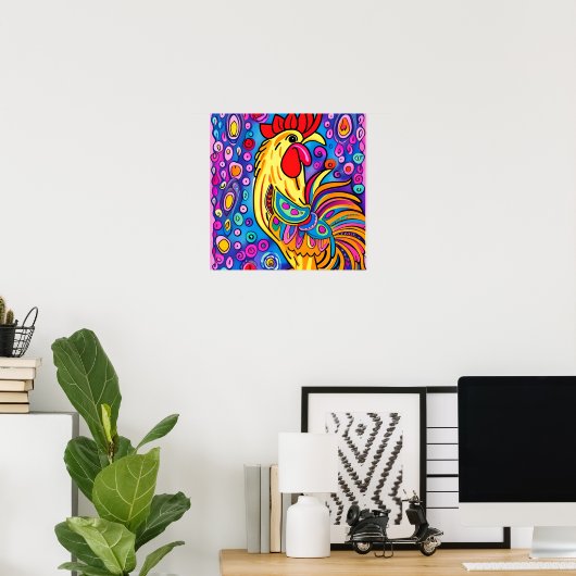 Funky Boho Rooster Farm Tierportrait Art Poster (Heimbüro)