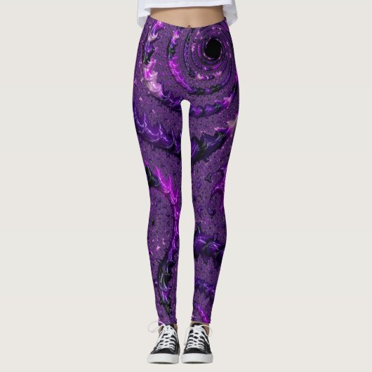 Funky Bold Boho Lila digitales Abstraktes Fraktal Leggings (Vorderseite)