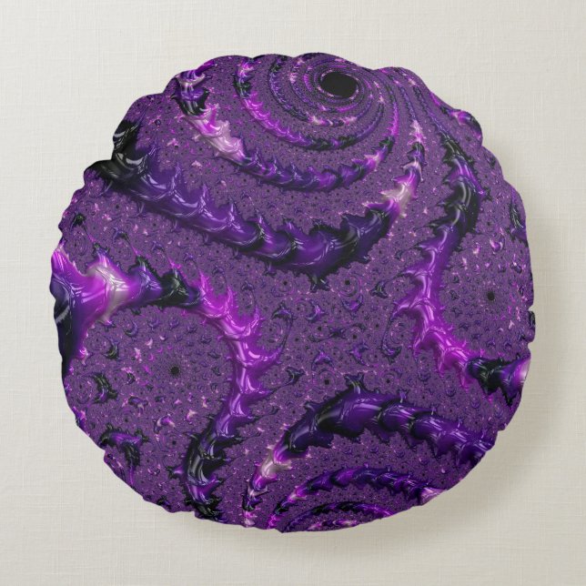 Funky Bold Boho Lila digitales Abstraktes Fraktal Rundes Kissen (Vorderseite)