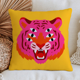 Funky Brüllender Tigerkopf in Pink Maximalist Gelb Kissen
