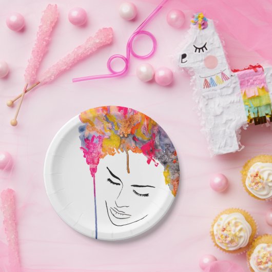 Funky bunt regenbogenfarbene Lady Art Pappteller (Party)