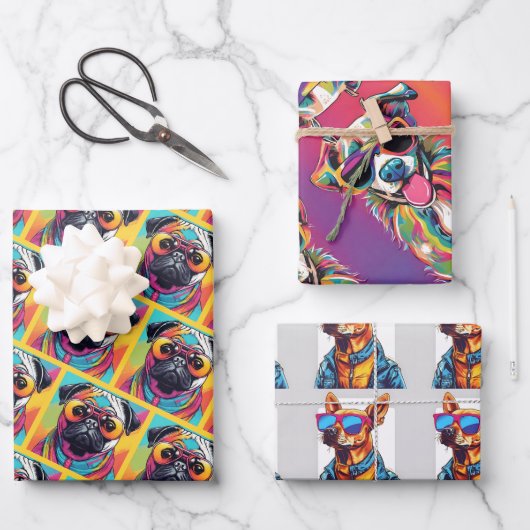Funky bunter Hund mit Sonnenbrille neon Geschenkpapier Set (Vorderseite)