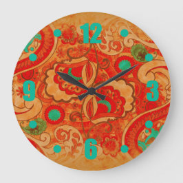 Funky Burnt Orange Red Aquamarin Vintag Paisley Große Wanduhr