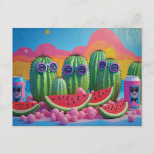 Funky Cacti mit Sonnenbrille, Wassermelone und Can Feiertagspostkarte