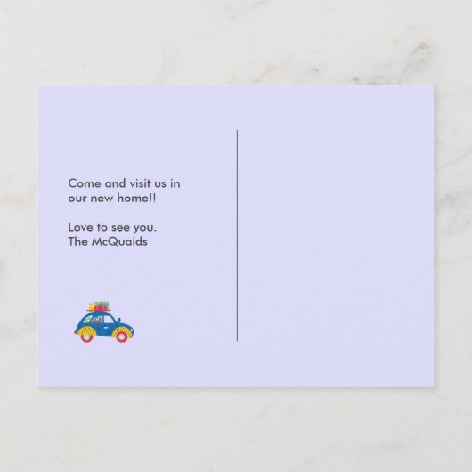 Funky Car Moving Zuhause Ankündigungspostkarte (Rückseite)