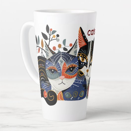 Funky Cat Folk Art Abstrakte Latte Tasse (Linke Ecke)