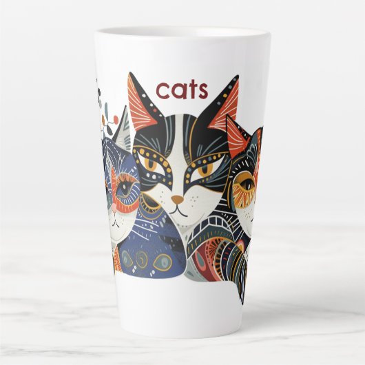 Funky Cat Folk Art Abstrakte Latte Tasse (Vorderseite)