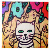 Funky Cat mit Blume Abstrakt Art Fliese (Vorderseite)