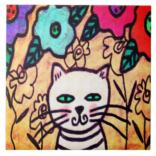 Funky Cat mit Blume Abstrakt Art Fliese