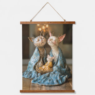 Funky Cat Weihnachtskrippe Wandteppich Mit Holzrahmen