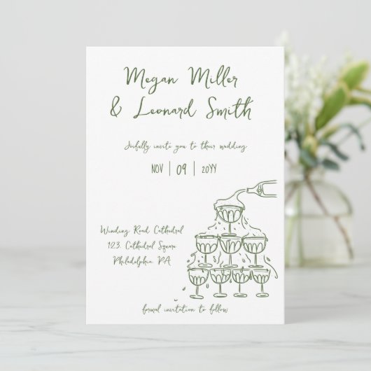 Funky Champagnerturm Save the Date Hochzeit Einladung (Stehend Vorderseite)