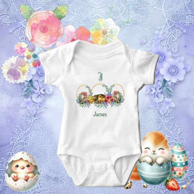 Funky Chicks Ostersonnige Blumenmonogramm Custom Baby Strampler (Funky Chicks Easter Bunny Floral Monogram Custom Baby Bodysuit)