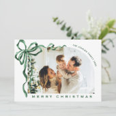 Funky Christmas Boho Green Bow Ribbon 4 Photo Feiertagskarte (Stehend Vorderseite)