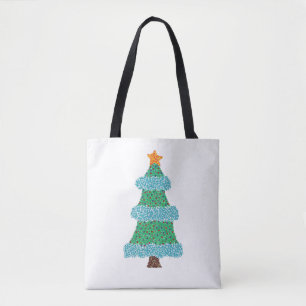 Funky Christmas Tree in Pointillism Leinensäcken Tasche