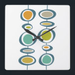 Funky Circles Mid Century Modern Colorful Retro Quadratische Wanduhr<br><div class="desc">Diese fabelhafte,  moderne Wanduhr aus der Mitte des Jahrhunderts besticht durch zwei Sets trendiger abstrakter hängender Kreise in den Farben Türkis Blau,  Orange,  Bräune,  Avocadogrün,  Gold und Blau. Dies wird eine farbenfrohe Ergänzung zu Ihrer Wohngestaltung!</div>