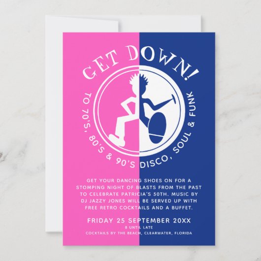 Funky Clubblau pink runter ins Retro-Party Einladung (Vorderseite)
