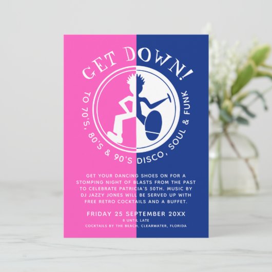 Funky Clubblau pink runter ins Retro-Party Einladung (Stehend Vorderseite)