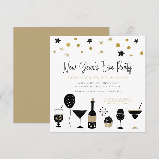 Funky Cocktails Champagne Gold Black Silvester Einladung (Vorne/Hinten)