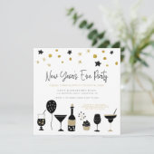 Funky Cocktails Champagne Gold Black Silvester Einladung (Stehend Vorderseite)