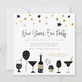 Funky Cocktails Champagne Gold Black Silvester Einladung (Vorderseite)