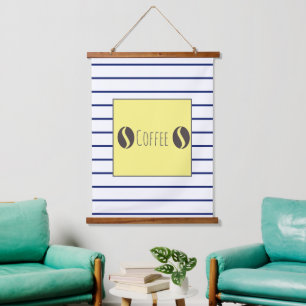 Funky Coffee Beans Blue White Stripes Wandteppich Mit Holzrahmen