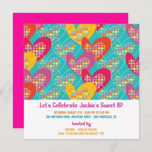 Funky Color Retro Pop Hearts Girl Birthday Einladu Einladung (Vorne/Hinten)
