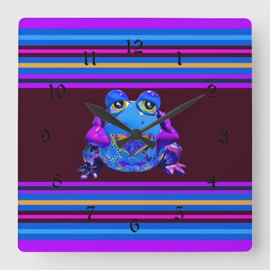 Funky Colorful Frog Blue Lila Funny Gips Quadratische Wanduhr (Vorderseite)