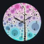 Funky Colorful Scroll Trecles Bubbles Pop Art Große Wanduhr<br><div class="desc">Funky Colorful Scroll Tree Pop Kunst Neuheit Geschenke mit bunten konzentrischen Kreise und Blasen in rosa,  lila,  aquamarin und indigo. "rosa und blau" "aquamarin und rosa" "scroll tree" "colorful Pop art" "bubbles" "circles" "color" "funky" "giry" "tree" "bubbly" "hübsch" "niedlich" "cool"</div>