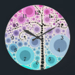 Funky Colorful Scroll Trecles Bubbles Pop Art Große Wanduhr<br><div class="desc">Funky Colorful Scroll Tree Pop Kunst Neuheit Geschenke mit bunten konzentrischen Kreise und Blasen in rosa,  lila,  aquamarin und indigo. "rosa und blau" "aquamarin und rosa" "scroll tree" "colorful Pop art" "bubbles" "circles" "color" "funky" "giry" "tree" "bubbly" "hübsch" "niedlich" "cool"</div>