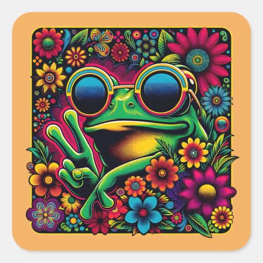 Funky Cool Frog Peace Sign Quadratischer Aufkleber (Vorderseite)