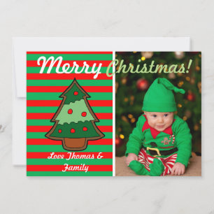 Funky Festive Tree and Elf Stripes Custom Foto Feiertagskarte