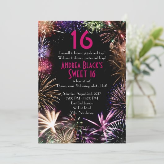 Funky Fireworks Sweet 16 Birthday Einladung (Stehend Vorderseite)