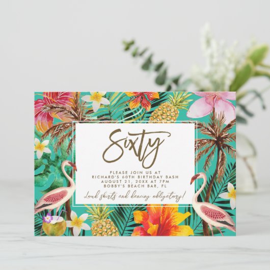 Funky Flamingo Tropical 60. Geburtstag Einladung (Stehend Vorderseite)