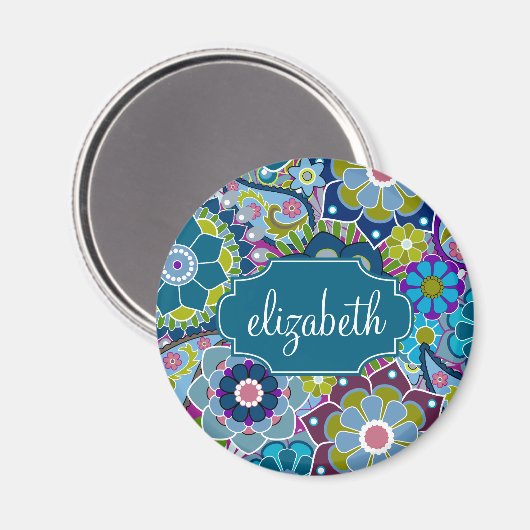 Funky Floral Muster mit Individuelle Name Magnet (Vorderseite/Rückseite)