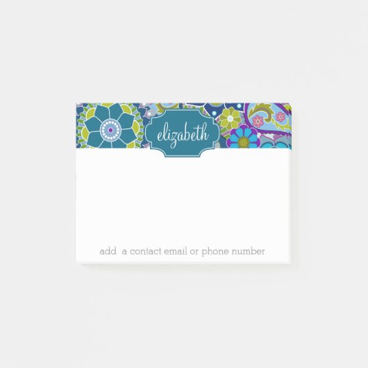 Funky Floral Muster mit Individuelle Name Post-it Klebezettel (Vorderseite)