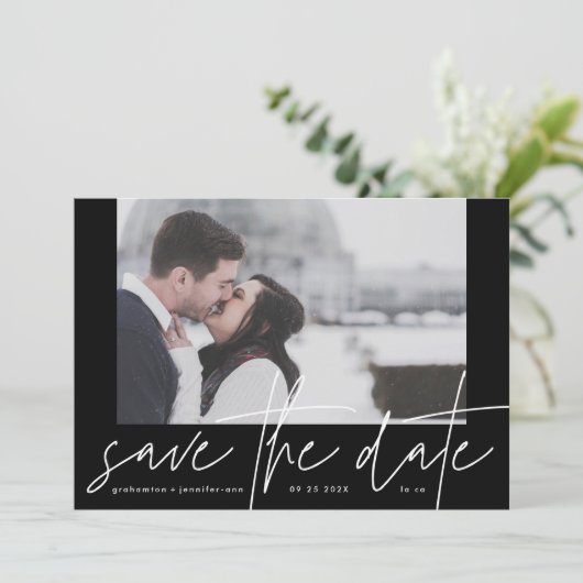 Funky Foto Frame Lässig Onyx Black Elegant Moderns Save The Date (Stehend Vorderseite)