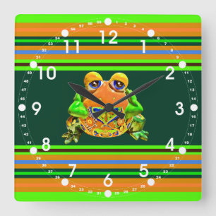 Funky Frog Orange Green Striped Novelty Geschenke Quadratische Wanduhr