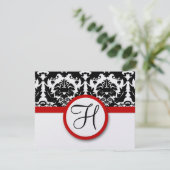 Funky & Fun Black Damask Red Trim Wedding RSVP Karte (Stehend Vorderseite)