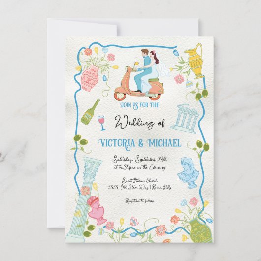 Funky Gezeichnet Italienische Bride Groom auf Scoo Einladung (Vorderseite)