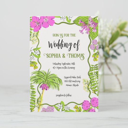 Funky Gezeichnet Tropical Floral Wedding Einladung (Stehend Vorderseite)