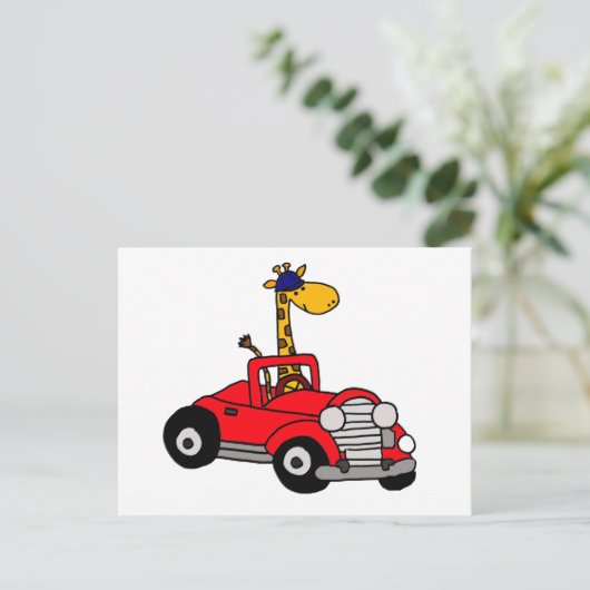Funky Giraffe Driving Red Convertible Postkarte (Stehend Vorderseite)